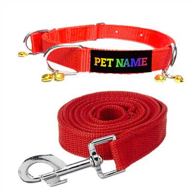 ALCAZAR Personalized Dog Collar & Leash Combo Set (Print Your Pet Name on Collar), Nylon, Collar Adjustable Neck With Bell (Ghungroo) (S, Red)