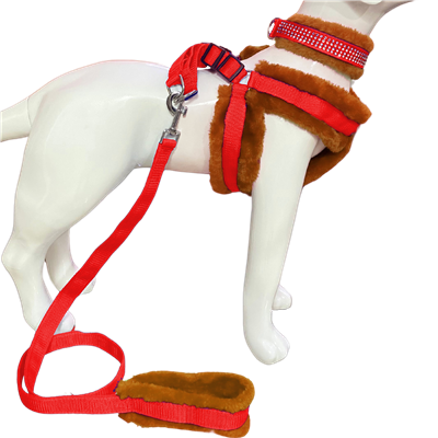 ALCAZAR Dog Chest Belt Soft Padded Fur Harness, Collar & Leash Combo Set (Extra-Small, RED-BROWN)